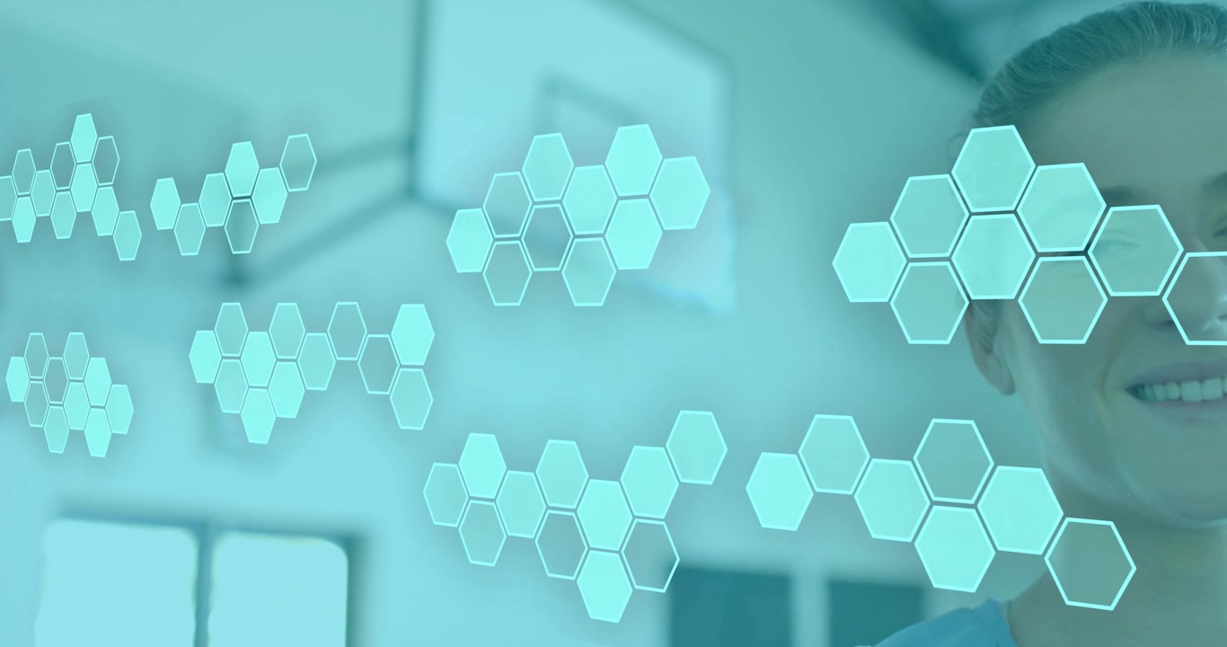 Translucent hexagon grid appearing in healthcare pulsing analysis while doctor turning and smiling