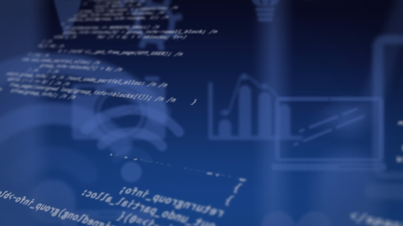 Animation of data processing and media icons on blue background