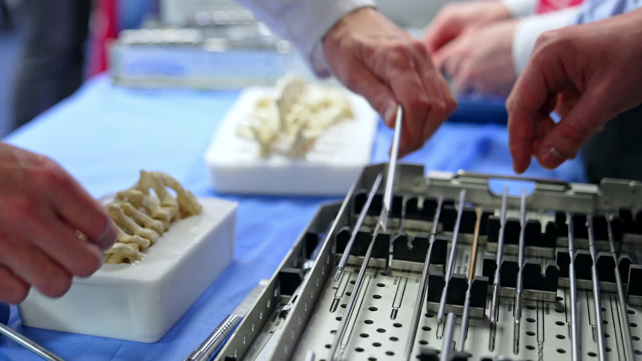 Male hands pic a metal instrument from a medical tool box. Neurosurgery study demonstration. Close up.