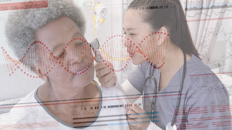 animatie van dna op interface over diverse vrouwelijke arts checking oor van senior vrouwelijke patiënt