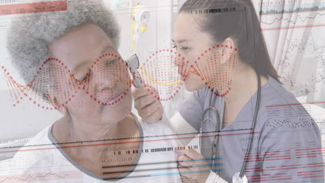 animación de adn en la interfaz sobre diversas mujeres médico chequeo de la oreja de la anciana paciente