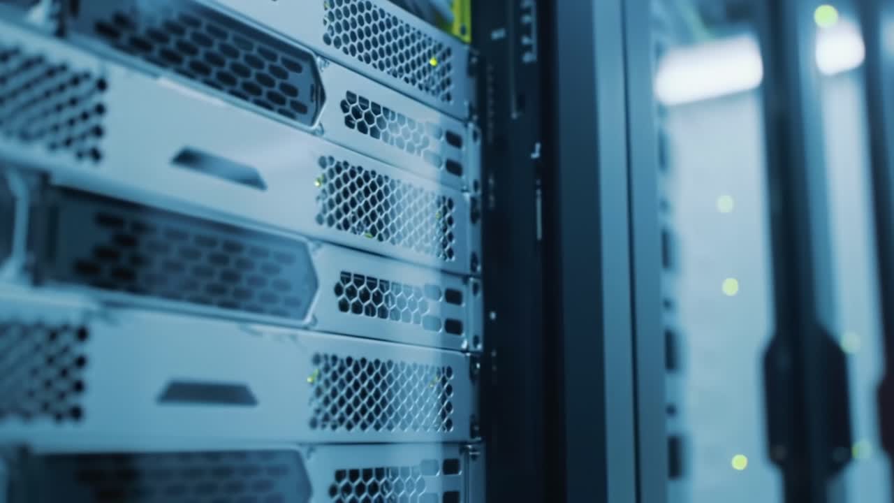 A Close-Up View of High-Performance Server Racks in a Data Center, Highlighting Advanced Technology and Efficient Cooling Systems for Optimal Performance