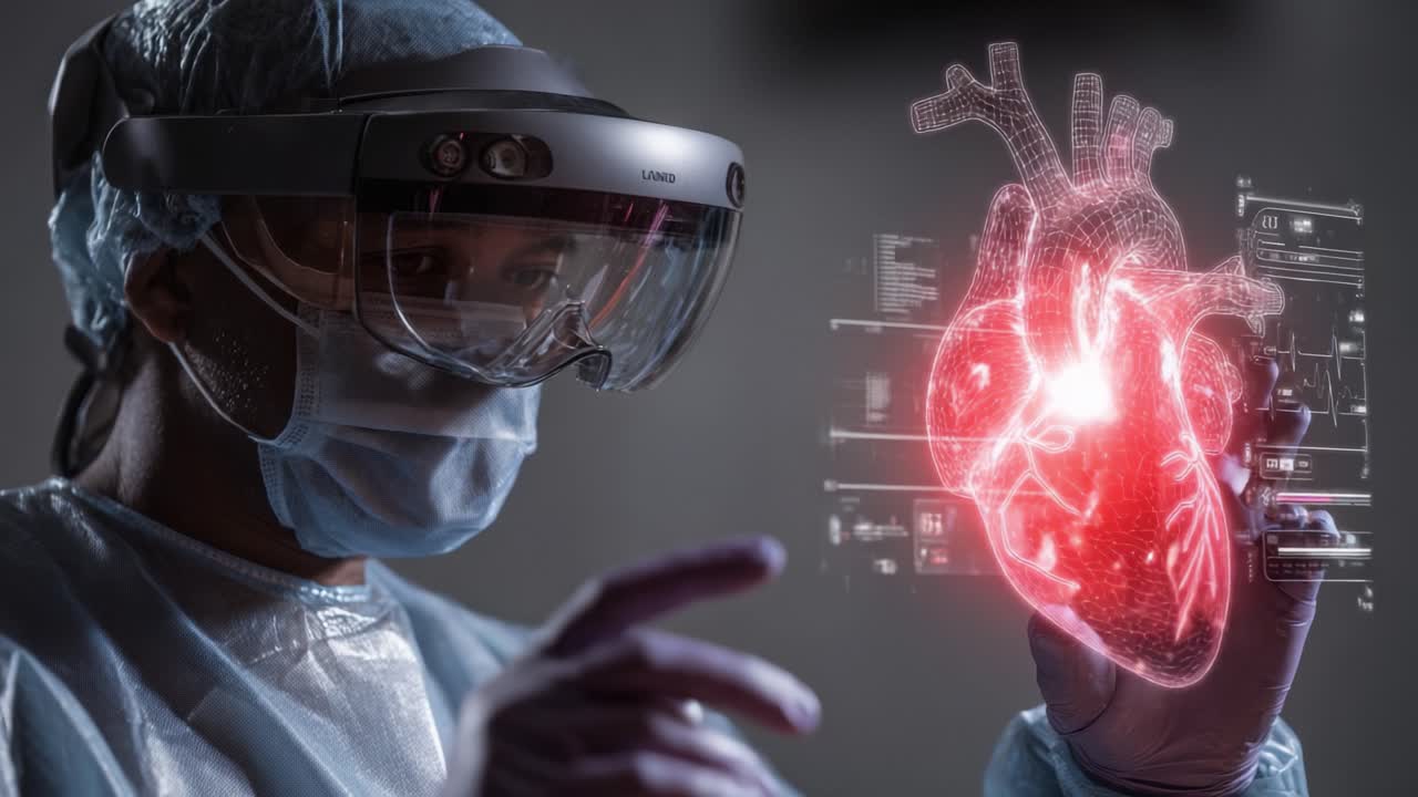 Surgeon Utilizing Augmented Reality Technology to Analyze 3D Heart Model, Integrating Advanced Medical Visualization for Enhanced Surgical Precision and Patient Care in Modern Healthcare Practices