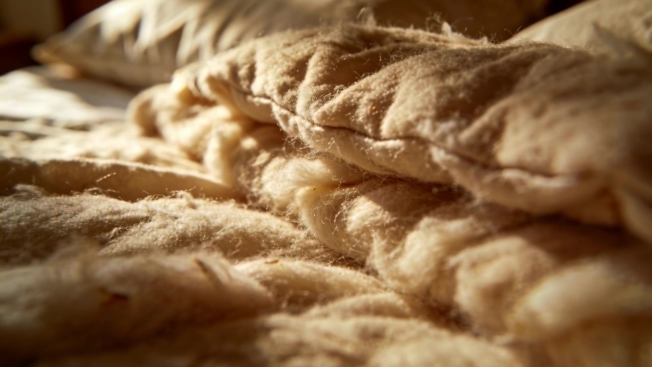 La telecamera si sposta e mette a fuoco una coperta di lana trapuntata sul letto, rivelando una cucitura e l'imbottitura.