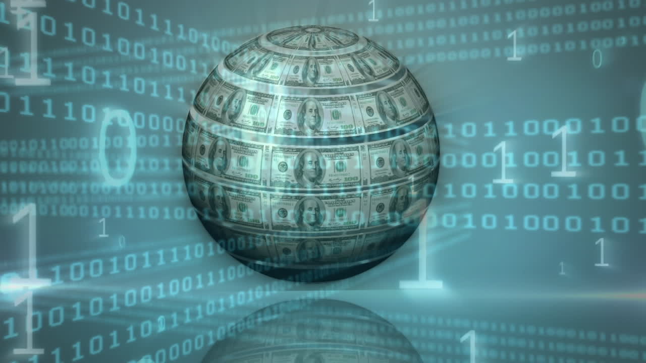 globo hecho de dólares estadounidenses girando contra el procesamiento de datos numéricos