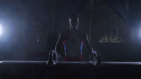 - primer plano de caballo de pommel sobre un fondo oscuro y humo en cámara lenta manos masculinas magnesia. preparación para la presentación
