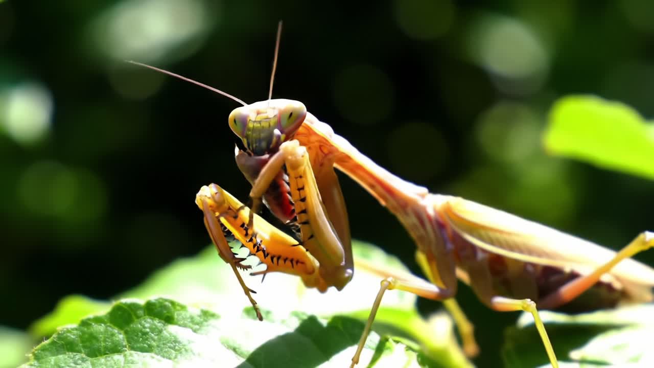 Primo piano di una mantide religiosa che mostra la sua anatomia e colorazione uniche tra il fogliame verde sotto la luce naturale