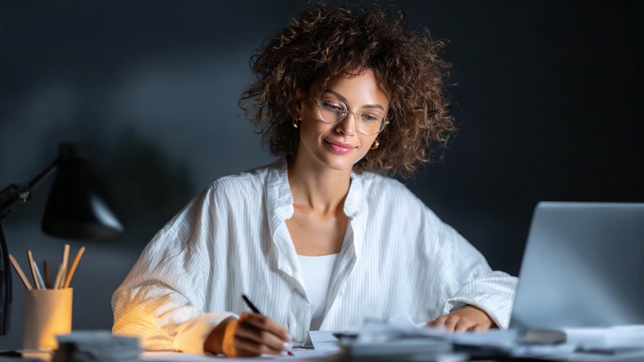 Focused Individual Engaging in Written Work at Night, Surrounded by Papers and a Laptop, Illuminated by Soft Desk Lamp Light, Conveying a Sense of Concentration and Productivity