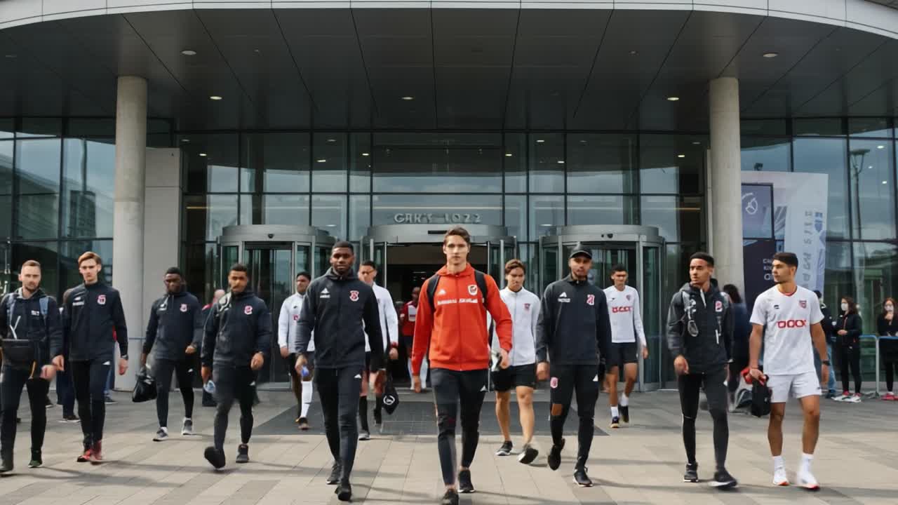 Team Walkout: Athletes in Uniform Departing the Training Facility in a Coordinated and Confident Manner, Setting the Stage for Upcoming Challenges and Competition