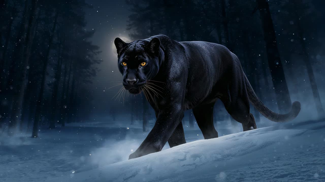Walking large black panther approaching low camera through snowy woods, moonlight drawing curiosity