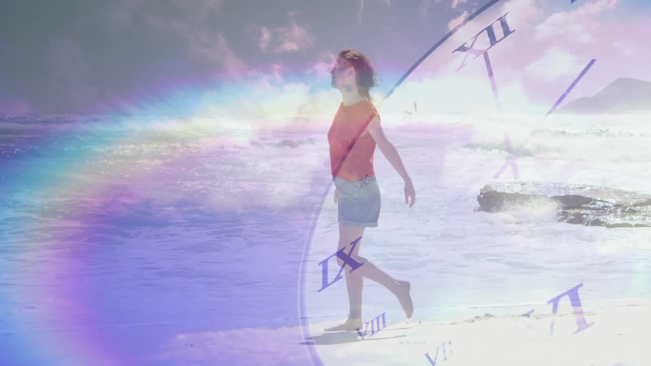 Walking on beach, woman with clock face overlay and rainbow animation effect