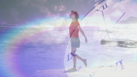 walking on beach, woman with clock face overlay and rainbow animation effect