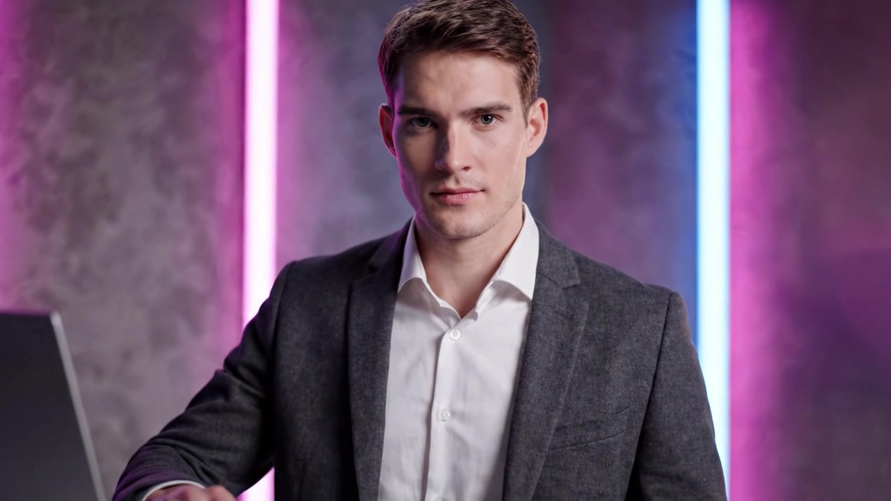 Un giovane uomo sicuro di sé in abito sartoriale sta accanto a un laptop, emanando professionalità e carisma su uno sfondo di illuminazione colorata in un ambiente moderno.