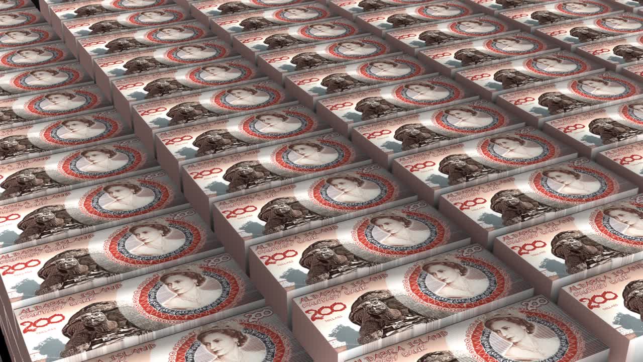 3D-анимация стопки 200-долларовых банкнот Островов Альдабра. Бесшовный цикл.