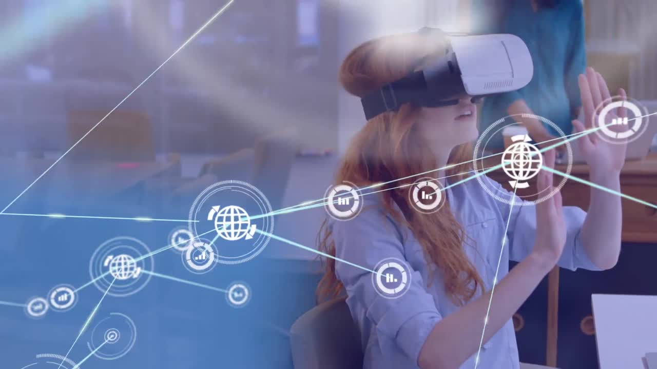 Animation of network of connections with icons over caucasian businesswoman using vr headset