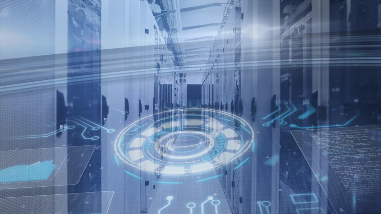 Animation of scope scanning and data processing over tech room with computer servers
