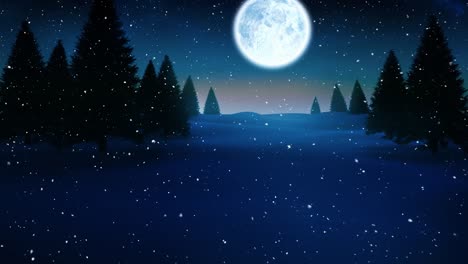 Snow-falling-over-winter-landscape-with-trees-against-moon-in-the-night-sky