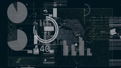 animación de múltiples gráficos, círculos de carga y tablero de negociación en todo el mundo sobre fondo negro