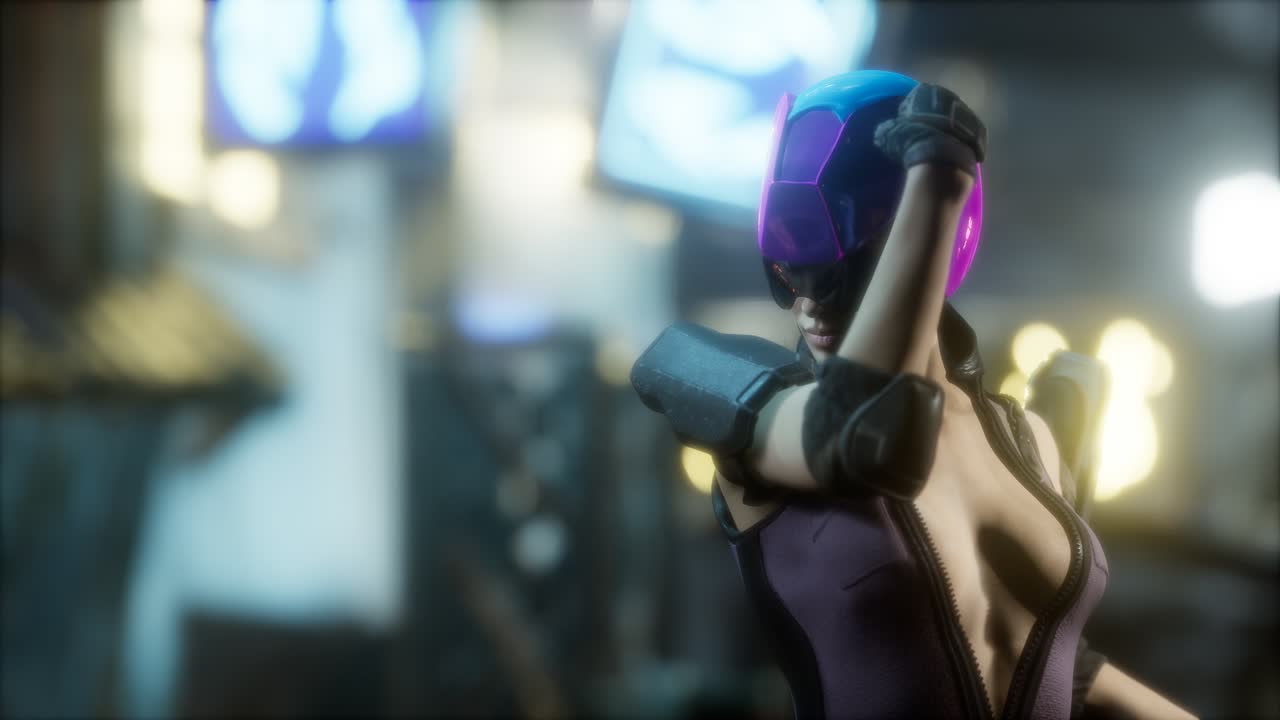 futuro concepto de mujer cyberpunk con luces de neón de la ciudad