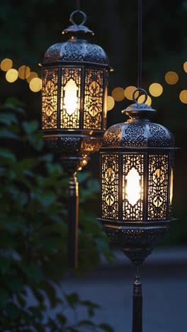 two traditional arabic lanterns hanging outdoors at night, emitting a warm glow and creating a magical bokeh effect in the background with blurred lights