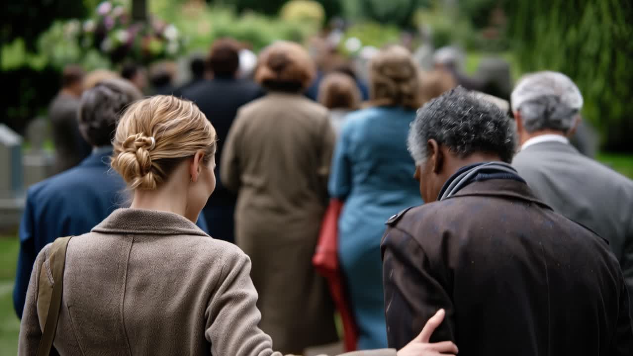 Crowded gathering in a verdant garden. People appear somber, heads bowed, eyes lowered. Woman with braided hair walks beside a man. Emotions suggest mourning or solemn reflection