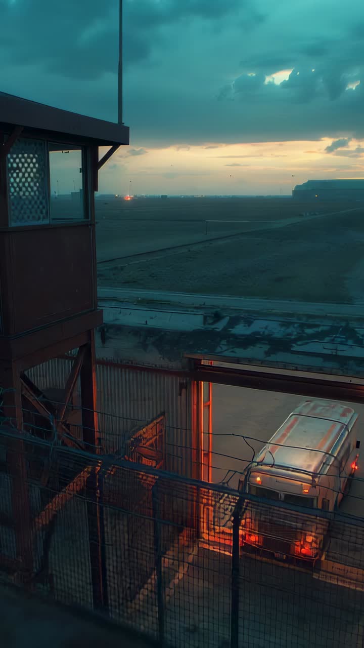 Vertical video: Dusk settling, white van waiting at fenced gate for opening under orange light
