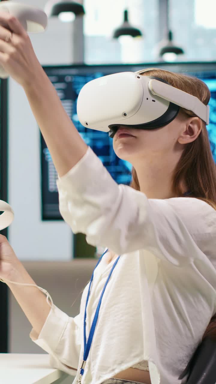 Vertical video Junior dev using virtual reality at work, testing generative AI machine learning