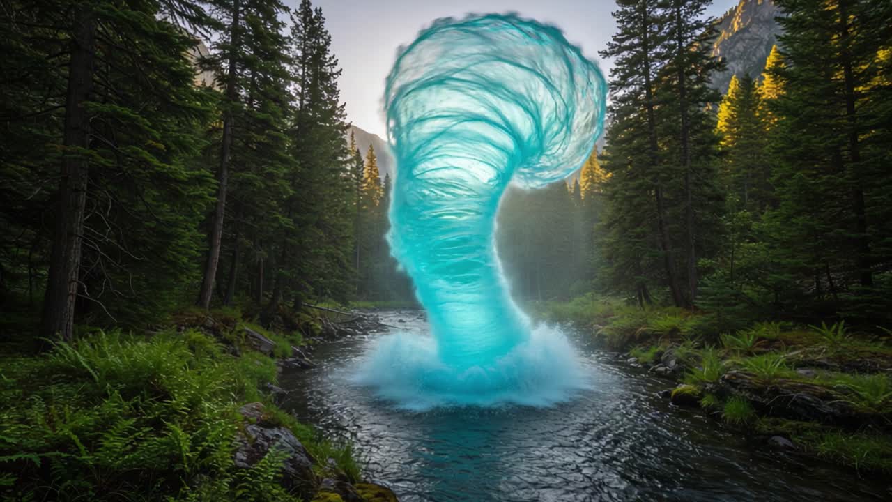 A mesmerizing turquoise vortex rises from a serene river, surrounded by lush greenery and tall trees, showcasing nature’s beauty and a surreal phenomenon