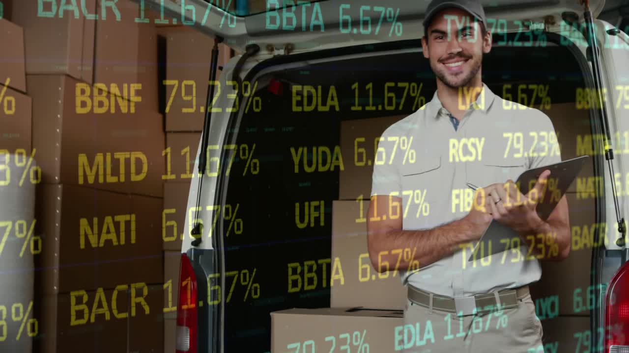 Animazione di elaborazione dati finanziari su corriere che scrive su una cartella all'esterno di un magazzino