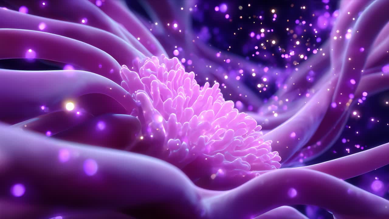A vivid visualization of a vibrant purple organic structure filled with intricate details and flowing tendrils, capturing the beauty and complexity of the natural world in an ethereal and dreamlike style