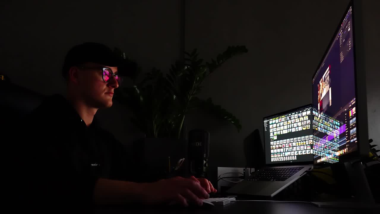 Focused Individual Engaged in Creative Work at a High-Tech Desk with Multiple Monitors