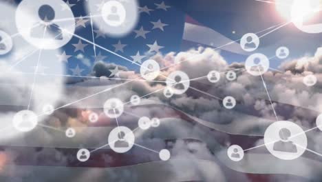 network of profile icons over waving us flag against clouds in the sky