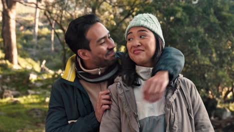 hiking, couple and hug outdoor view in woods
