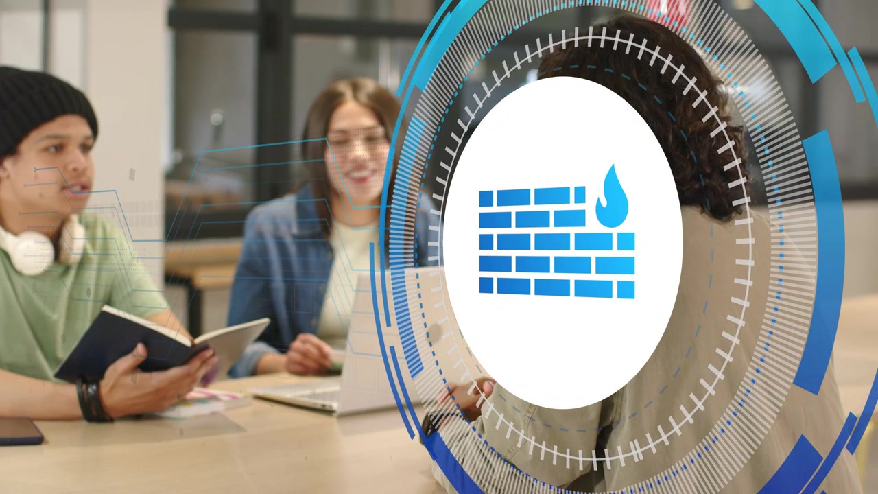 Team meeting, speaker gesturing causing firewall HUD expanding, covering speaker, showing security