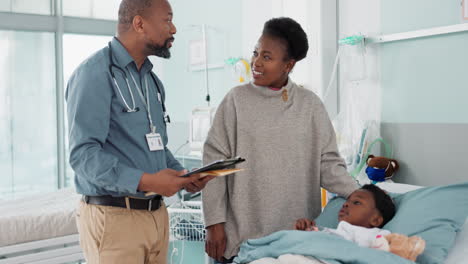 Doctor,-talking-and-mother-with-child-in-hospital