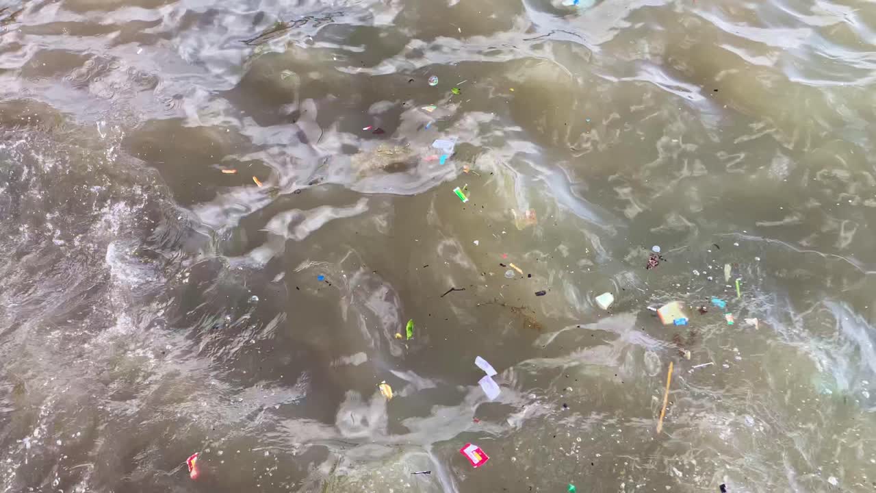 cierre de basura y basura en aguas turbias contaminadas en la costa de la playa - importancia del reciclaje, protección de la vida marina ambiental