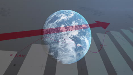 rotating earth with red arrow and bar chart animation showing global data trends