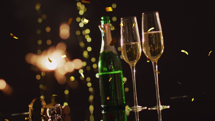 Animazione di coriandoli, champagne e bicchieri da champagne
