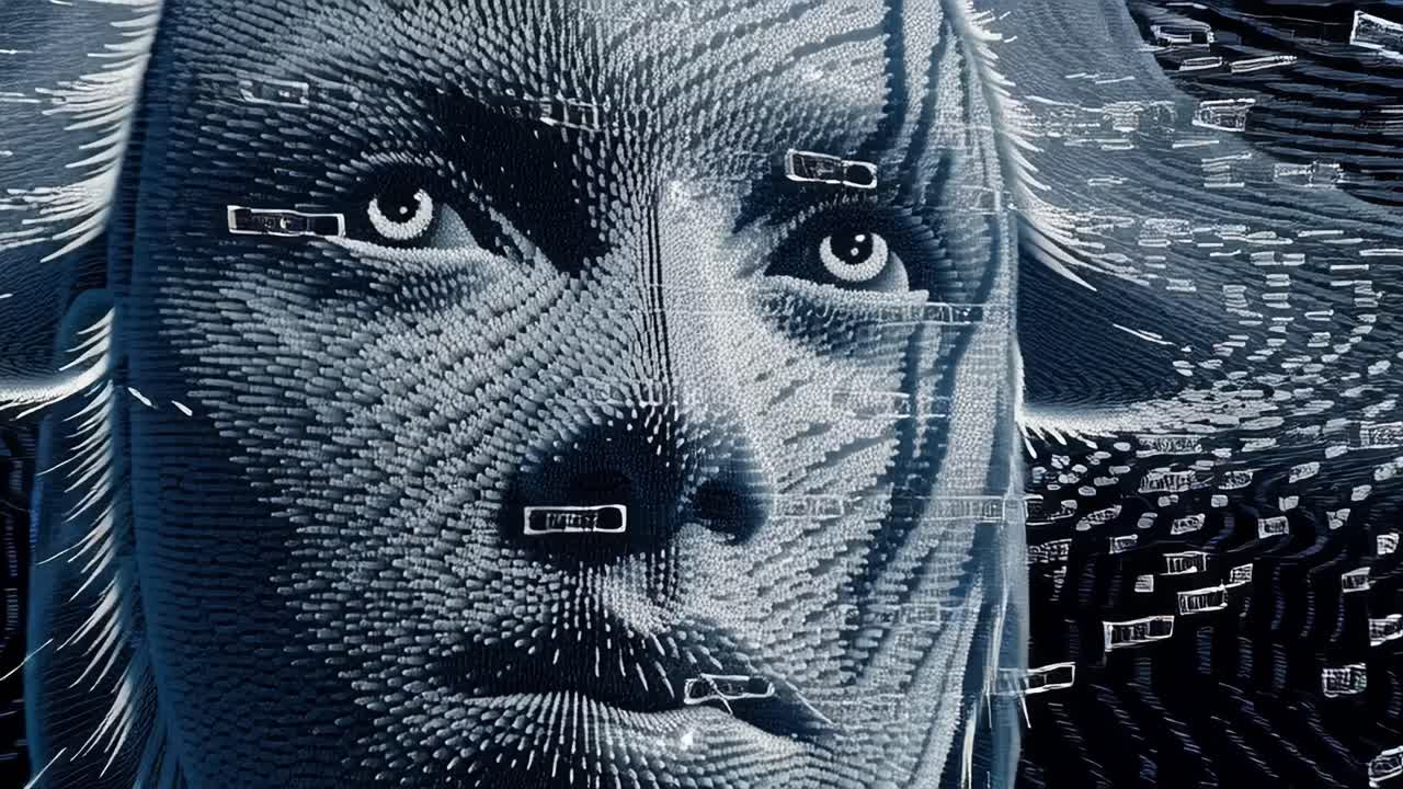 A stunning visual exploration of human emotion, highlighted through intricate patterns and textures, portraying a face that transcends reality and merges with digital abstraction in a captivating way