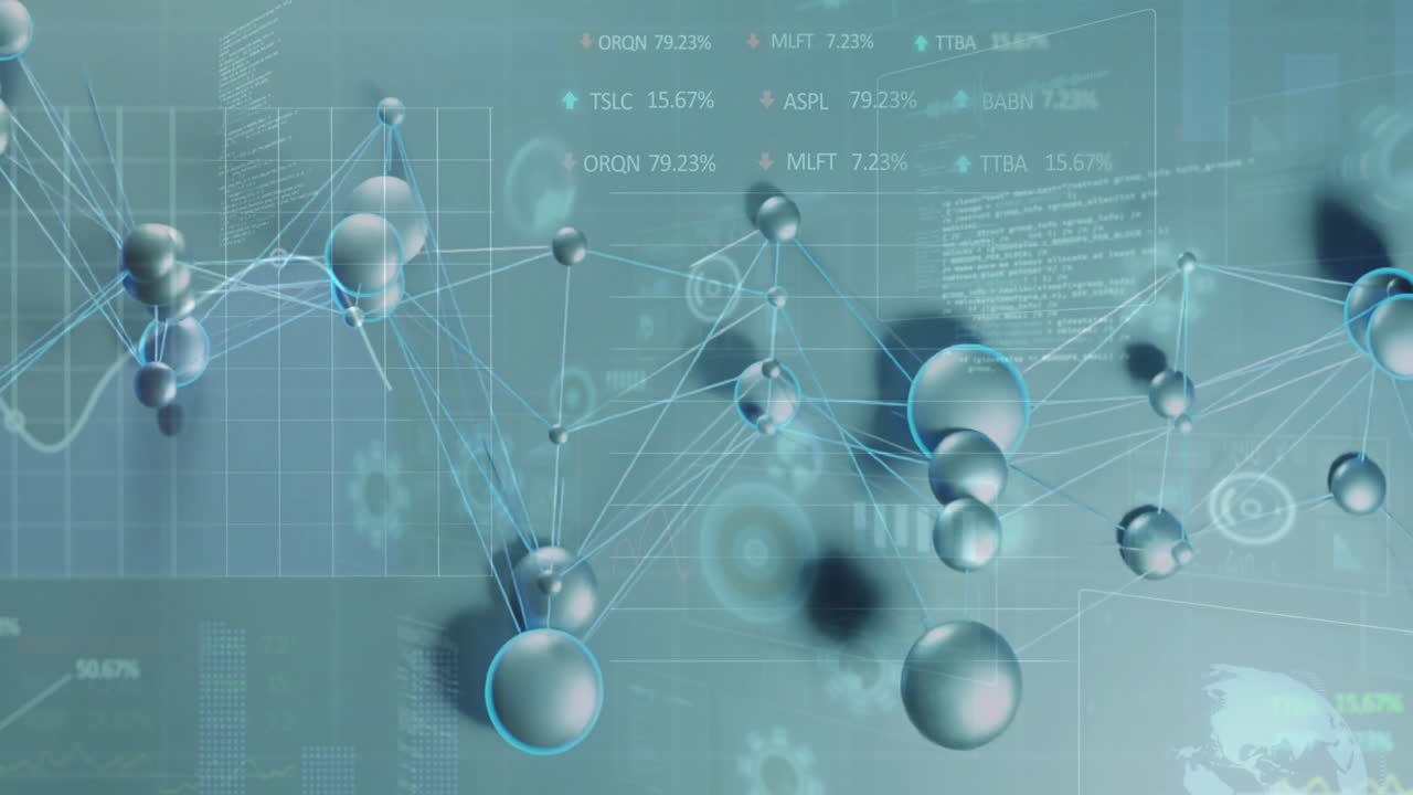 회색 배경에 데이터 처리를 통해 원과 연결 네트워크의 애니메이션