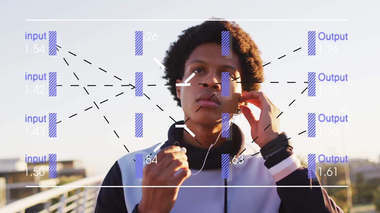 Animation of data processing over african american man using earphones