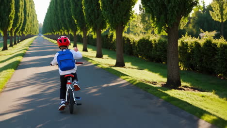 a young child rides a bicycle down a tree-lined avenue on a sunny day