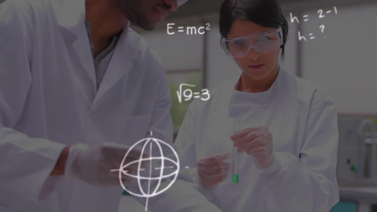 ecuaciones matemáticas y símbolos contra los trabajadores de la salud masculinos y femeninos que trabajan en el laboratorio