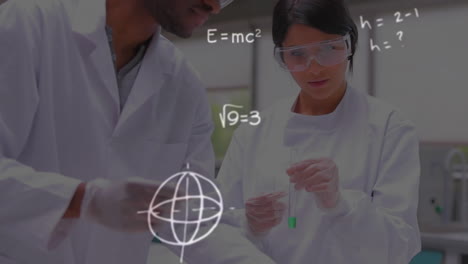 mathematical equations and symbols against male and female health workers working at laboratory