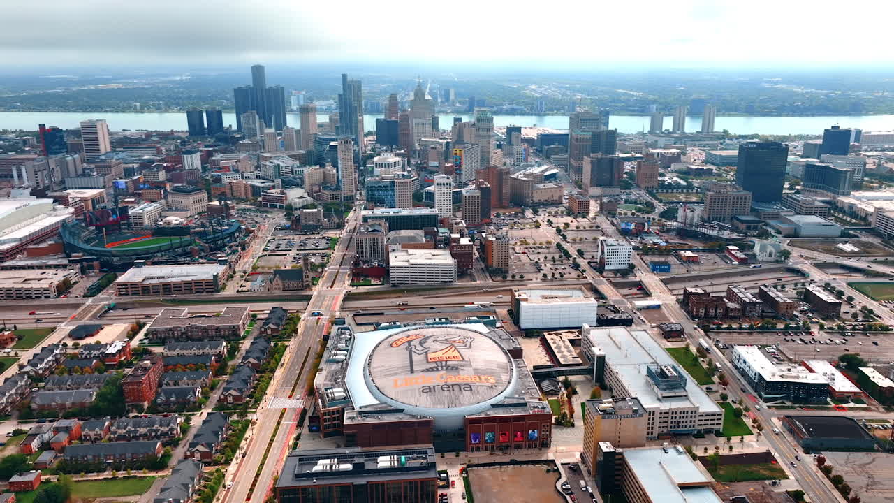 Detroit, USA, 28 July 2025: Detroit Skyline with Stadiums, Little Caesars and Comerica Park