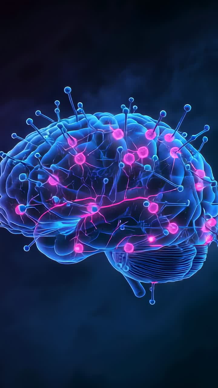 Vertical video: Starting rotating blue 3D brain pulsing pink nodes from right to left in dark space