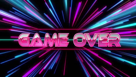 animation of game over text over neon light trails on black background