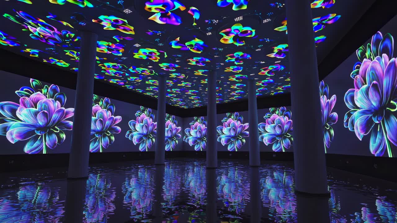 Immersive video art installation with vibrant floral projections on walls and ceiling