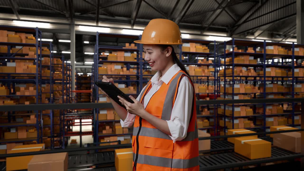 vista lateral de una ingeniera asiática con casco de seguridad de pie en el almacén con estantes llenos de bienes de entrega. tomando nota en la tableta en el almacenamiento