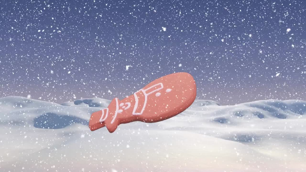 크리스마스 스노우맨의 애니메이션 진저브레드 쿠키가 겨울 풍경에서 내리는 눈 위에.